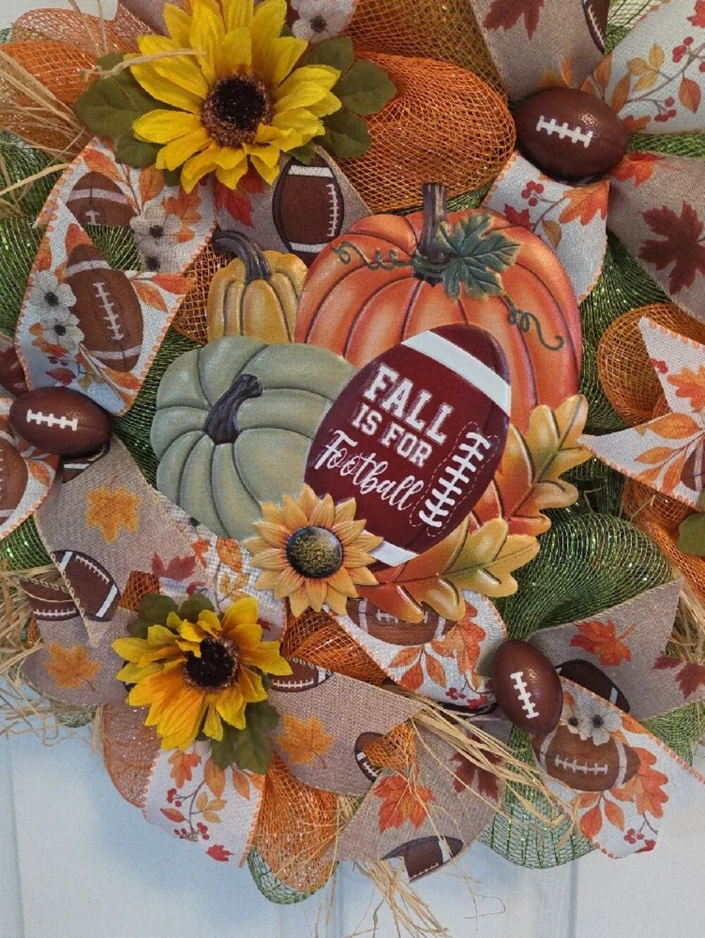 Autumn Football Wreath, Fall Door Decor With Sunflowers , Pumpkins , & Footballs